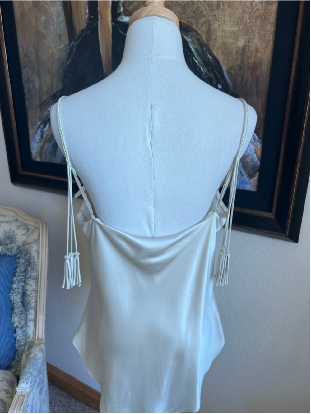 Cinq a Sept Cream Gold Satin Cowl Neck Camisole Top L Braided Tassels Quiet Lux - Picture 4 of 12